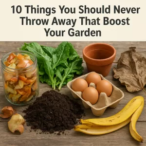 Various compostable garden scraps like eggshells, coffee grounds, and vegetable peels arranged for recycling.