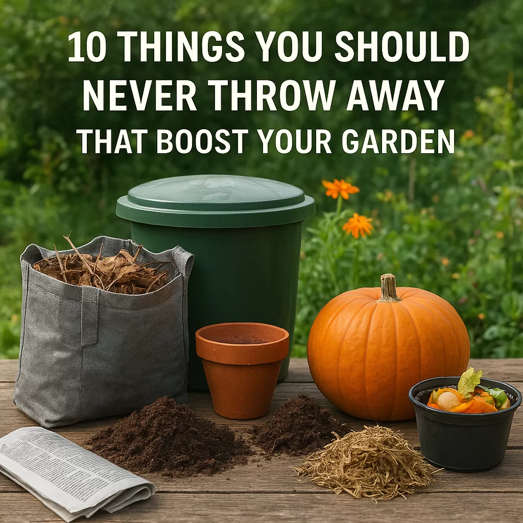 Organic garden waste and compost materials like coffee grounds, eggshells, and vegetable scraps in a garden setting.