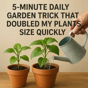 Close-up of a person gently watering and pruning healthy green plants as part of a 5-minute daily garden trick.