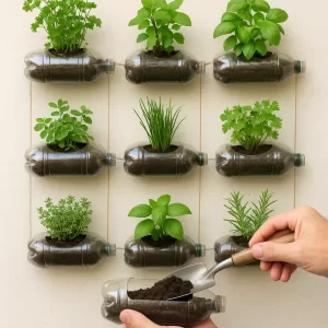 Vertical herb wall made from recycled plastic bottles filled with fresh green herbs mounted on a wall.