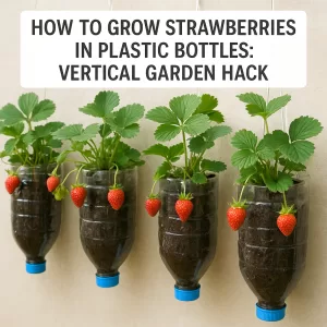 Vertical garden made from stacked recycled plastic bottles growing healthy green strawberry plants.