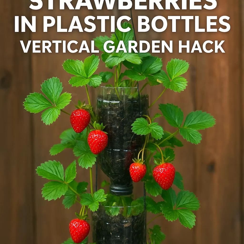 Vertical garden of recycled plastic bottles growing ripe strawberries, showcasing a space-saving, eco-friendly gardening hack