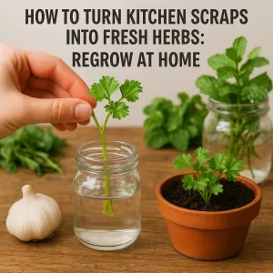 Hands placing herb scraps in water jars on a kitchen windowsill, showing how to regrow herbs at home.