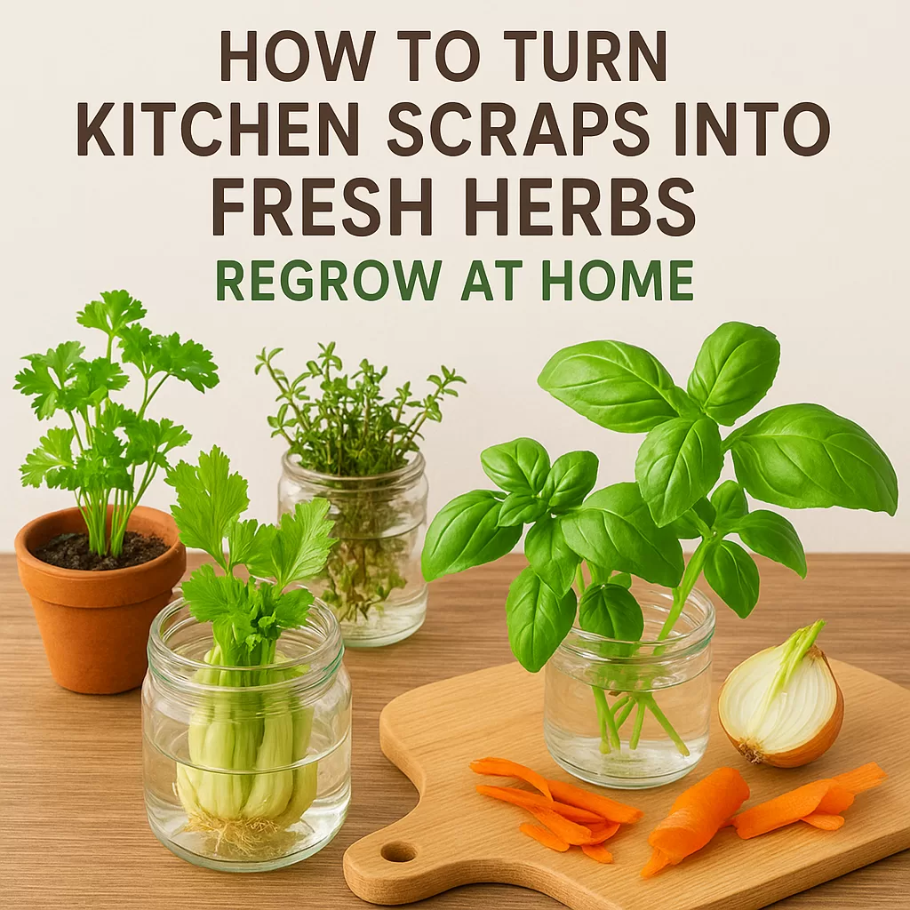 Fresh green herb cuttings in a glass jar of water on a kitchen counter, regrowing at home from scraps.