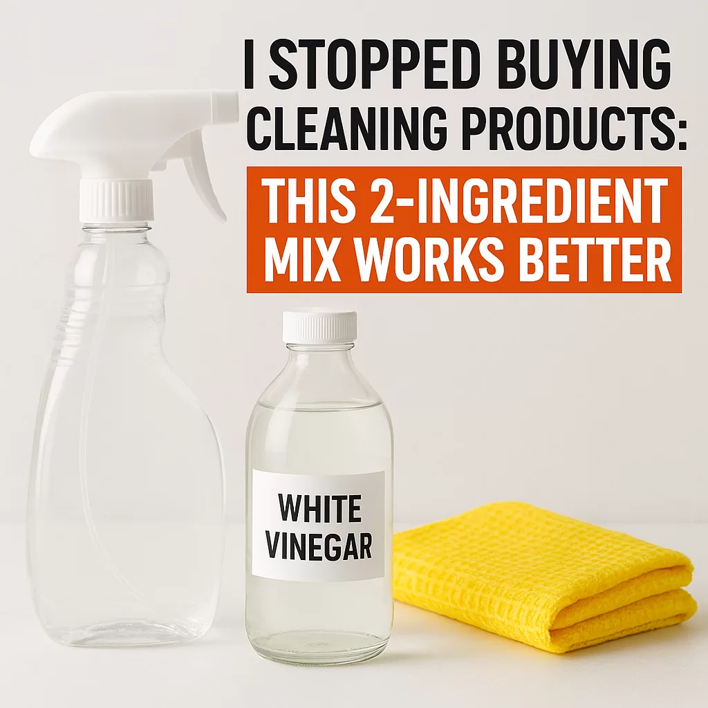 Two glass bottles of white vinegar cleaner with a reusable cloth on a wooden surface, symbolizing eco-friendly cleaning.