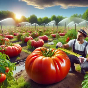 Farmer measuring large tomatoes in a lush, well-irrigated field at sunrise, showcasing giant tomato growth.