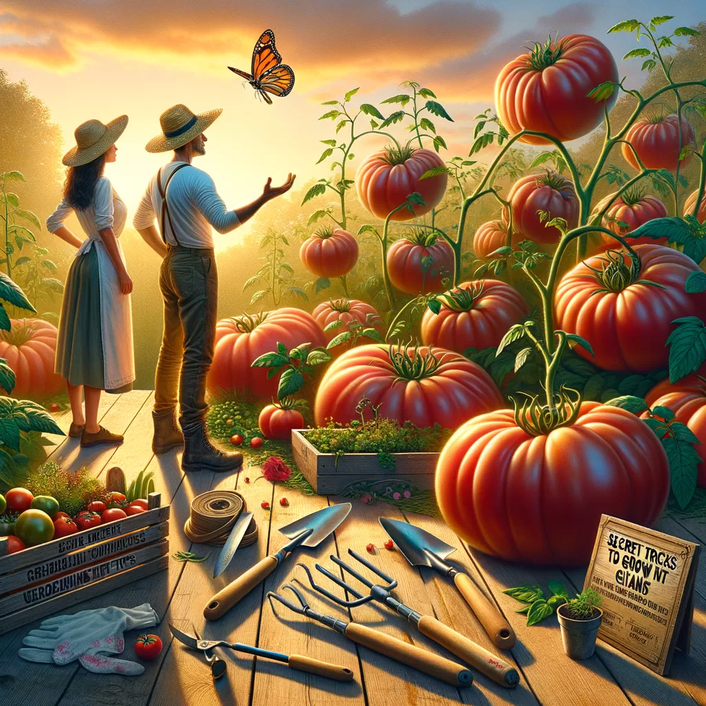 Oversized red tomatoes hanging on vines in a garden with tools and a butterfly at sunset.