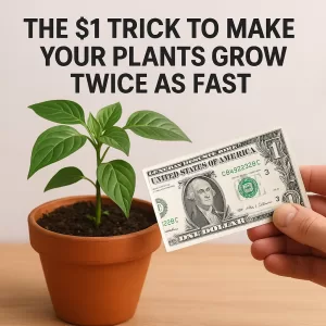 Dollar bill held next to a potted plant with text about using banana peel fertilizer to boost plant growth.