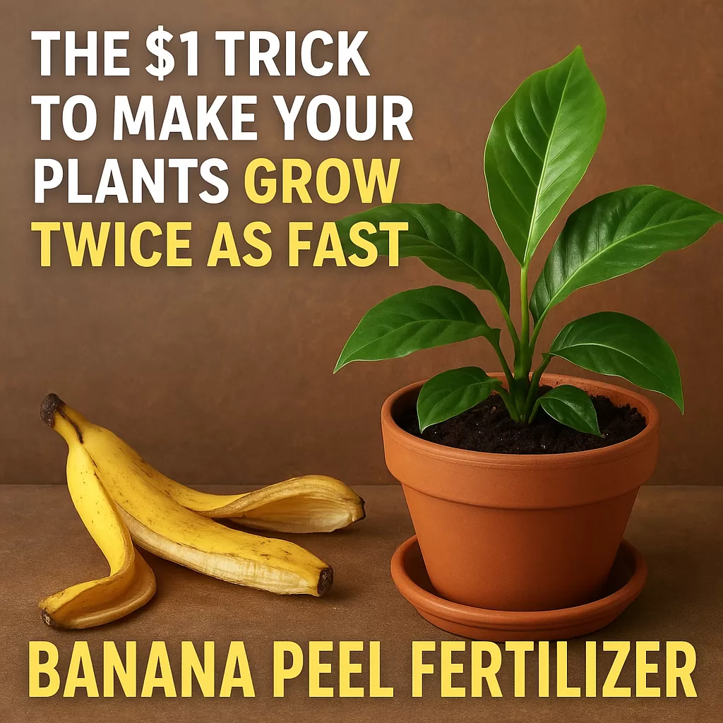 Close-up of hands placing banana peels into soil as natural fertilizer for faster plant growth.