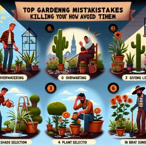 Illustration showing common gardening mistakes like overwatering, poor light, wrong shade, and improper plant selection.