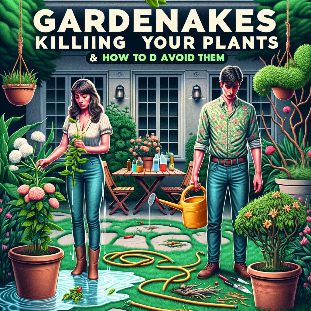 Illustration of gardeners encountering garden snakes damaging plants, highlighting common gardening mistakes to avoid.