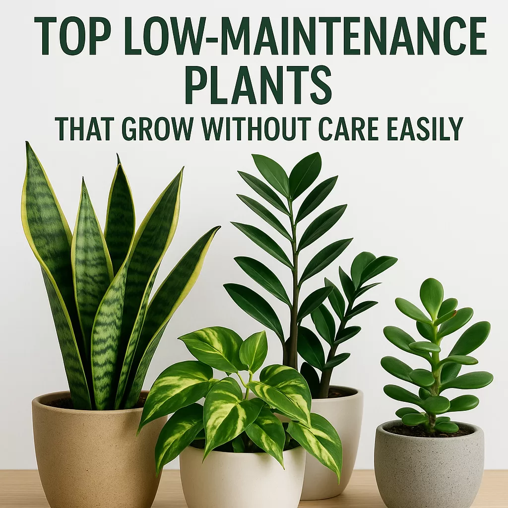 A variety of low-maintenance indoor plants thriving effortlessly in simple pots.