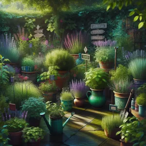 Lush herb garden with potted plants and garden tools, showcasing natural plants that repel mosquitoes.