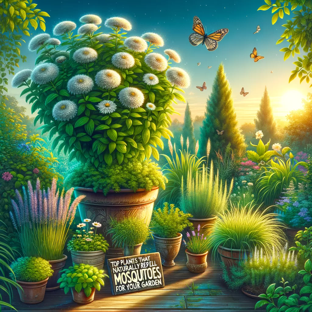 Vibrant garden with potted mosquito-repellent plants and butterflies flying at sunset.