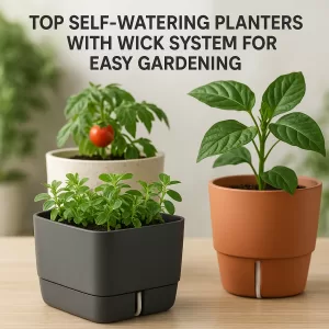 A variety of stylish self-watering planters with wick systems holding green indoor plants on shelves.