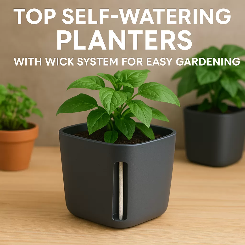 Various stylish self-watering planters with wick systems showcasing easy indoor gardening setups on a wooden surface.