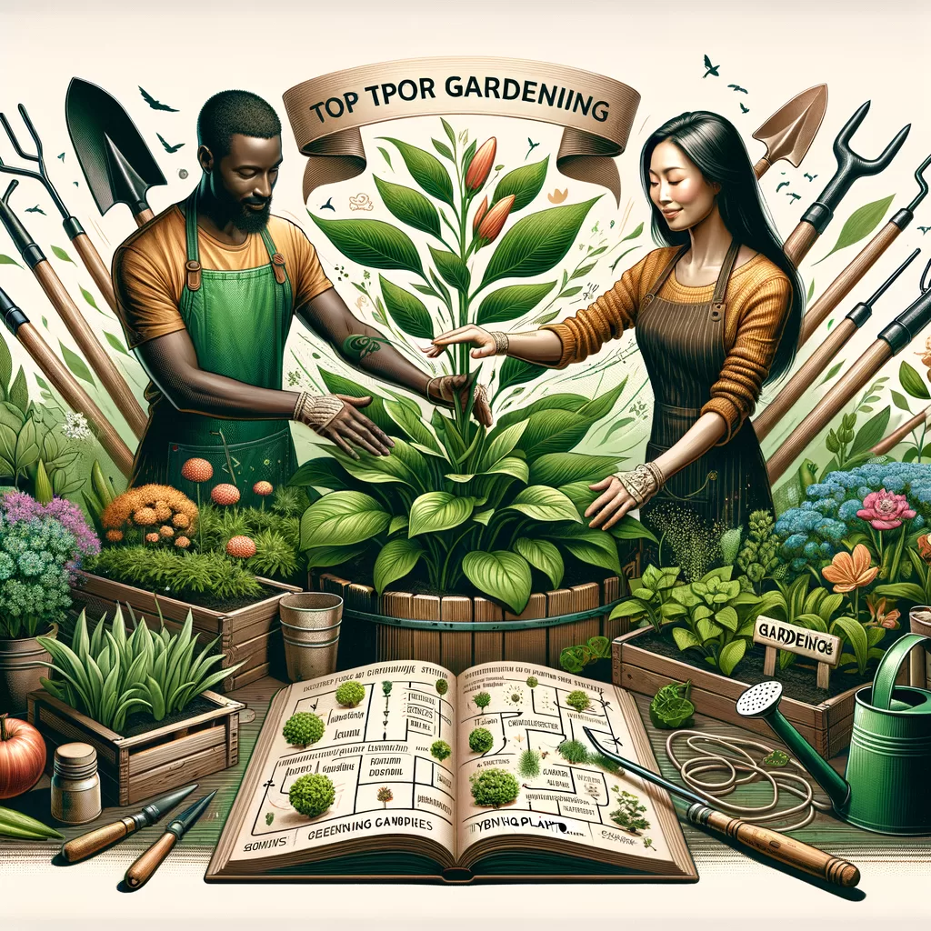 Illustration of diverse gardeners using tools and a guidebook to care for thriving plants.