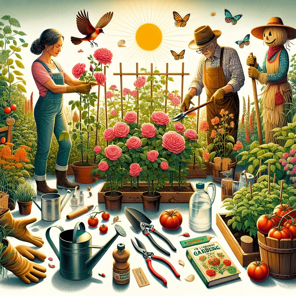 People gardening vibrant flowers and vegetables with tools and butterflies in a colorful outdoor scene.