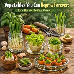 Jars and pots with various vegetables being regrown for endless harvests at home.