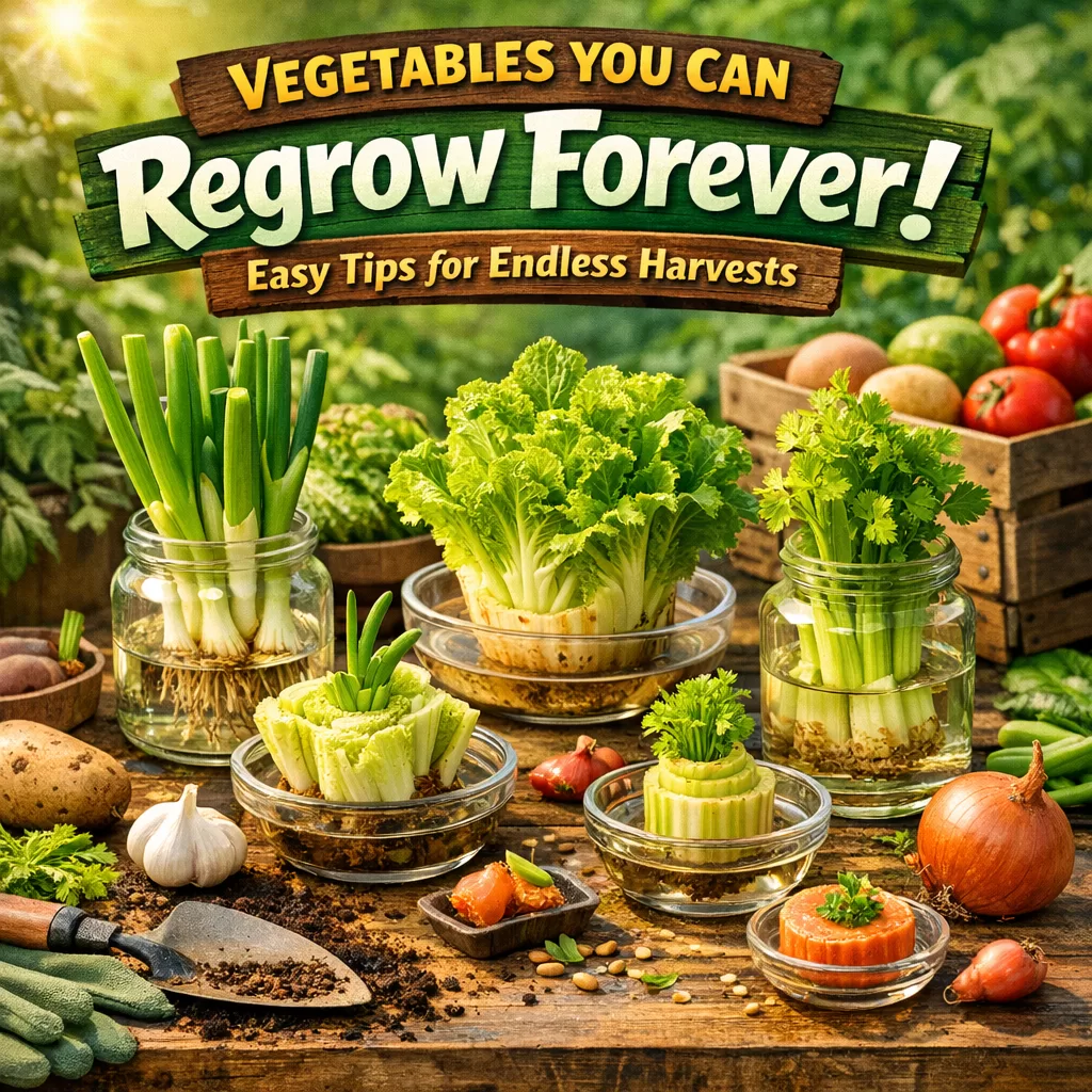 Fresh green vegetables sprouting from kitchen scraps in water, showing easy regrowing methods at home.
