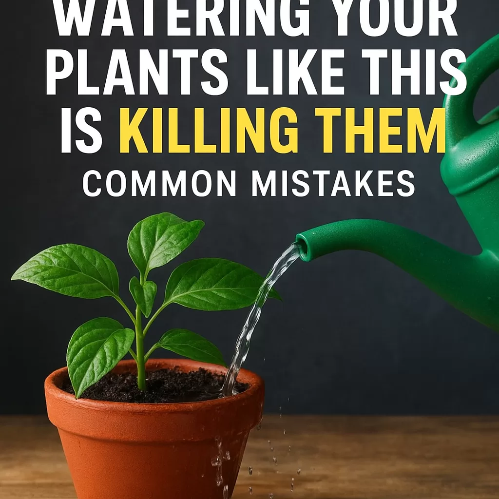 Hands gently watering a potted plant with a watering can, emphasizing proper plant watering techniques.
