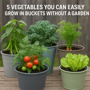 Five vegetables growing healthily in individual buckets, ideal for small-space gardening without a traditional garden.