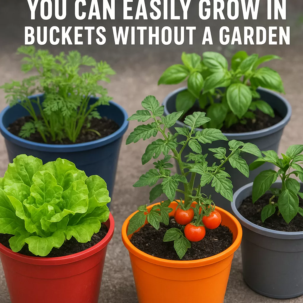 Fresh vegetables and herbs growing healthily in colorful buckets on a balcony without a garden.