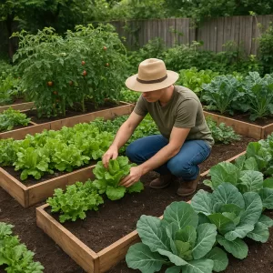 Man harvesting fresh lettuce from a raised bed in a beginner vegetable garden in a transformed backyard.