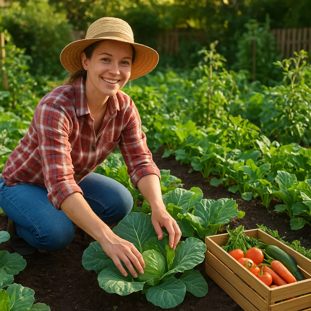 Young woman harvesting fresh tomatoes and zucchini in a thriving beginner vegetable garden in a backyard.