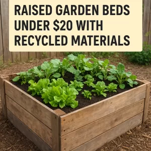Raised garden beds made from recycled wood pallets and bricks, filled with soil and growing various plants.