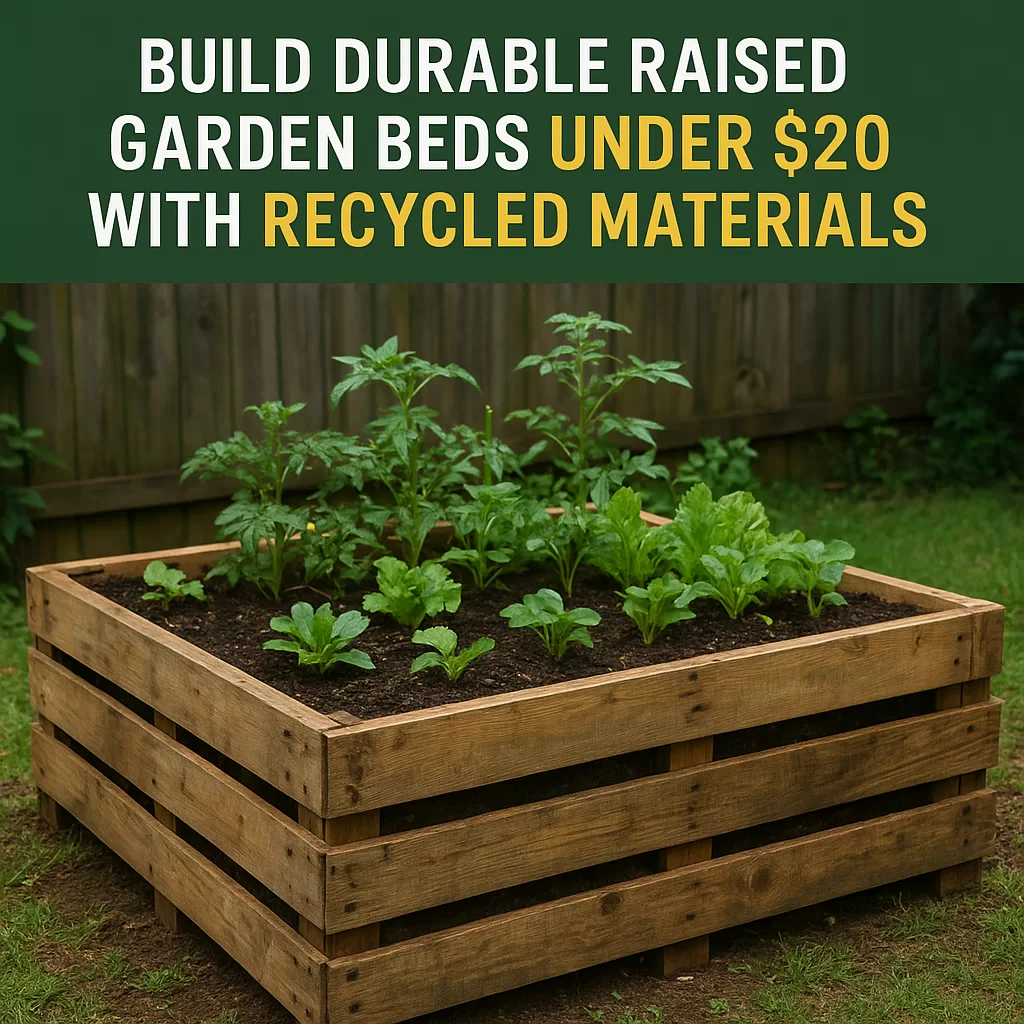 Raised garden bed made from recycled wood pallets and bricks, showcasing a durable low-cost garden setup.
