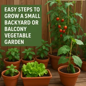 Small vegetable garden with various potted plants arranged on a balcony railing and floor.