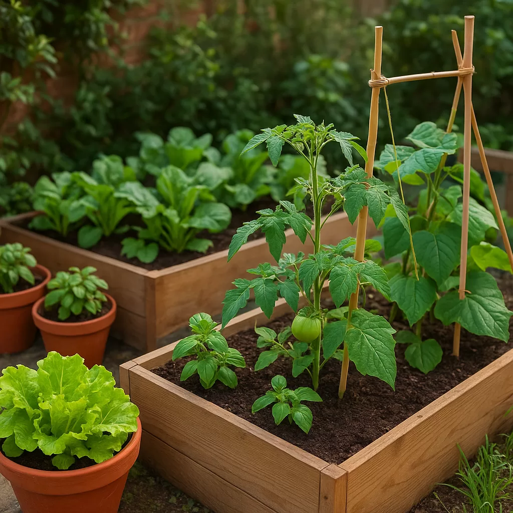 Raised wooden garden beds filled with thriving vegetables and herbs in a small backyard garden.