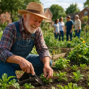 Elderly man gardening in a revived community garden with family and neighbors enjoying the green space.