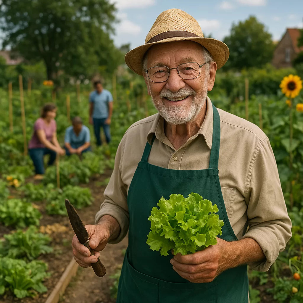 Smiling elderly man harvesting fresh lettuce in a vibrant community garden revival.