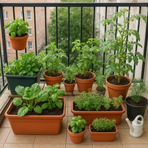 Tiny balcony filled with potted herbs and vegetables, showcasing a vibrant food garden transformation.