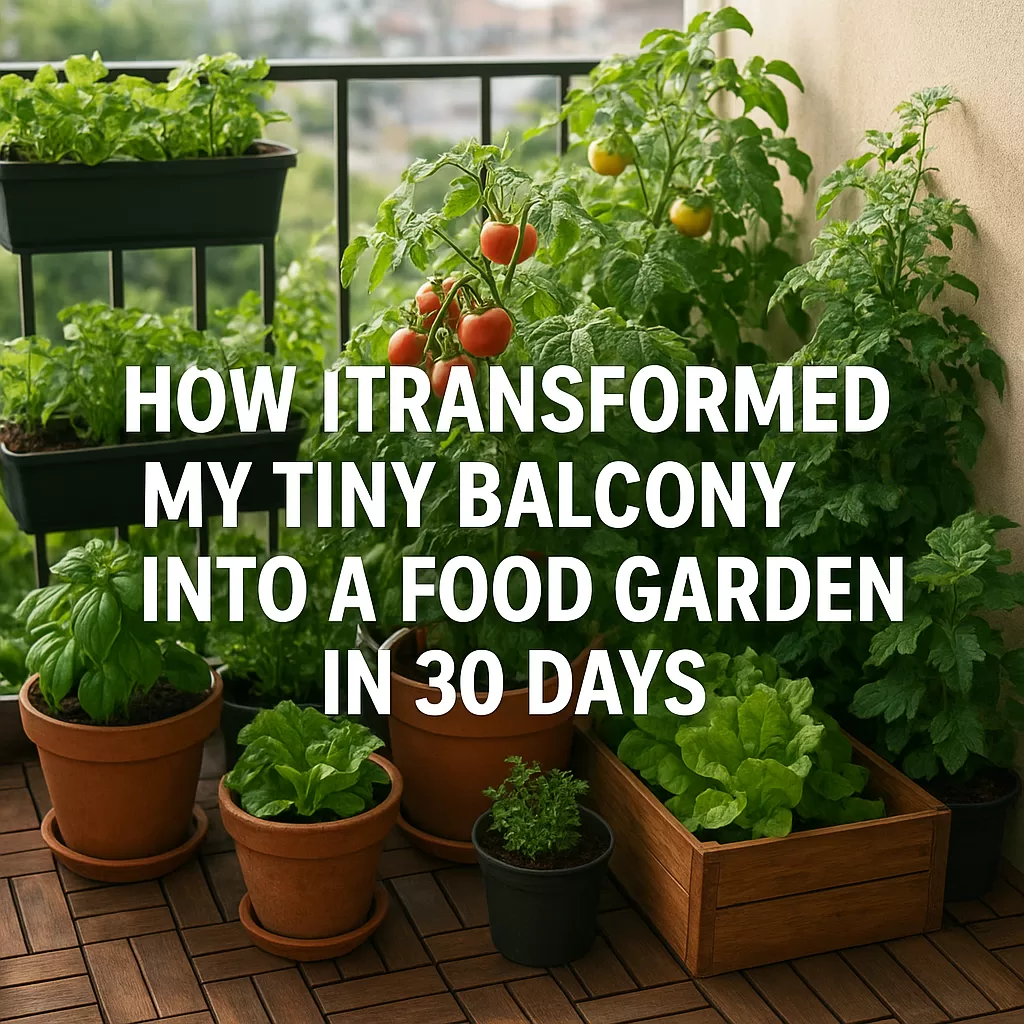 Tiny balcony filled with potted vegetables and herbs, transformed into a thriving food garden in 30 days.