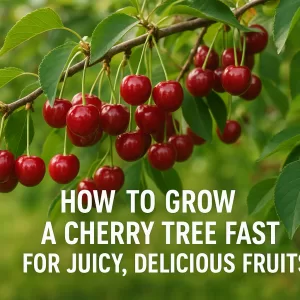 Close-up of ripe red cherries hanging on a leafy tree branch, ready to be picked and enjoyed.