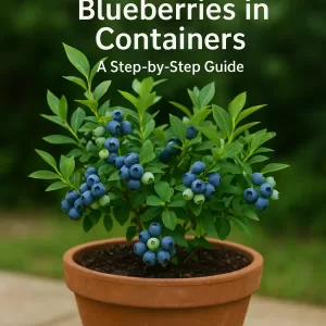 Healthy blueberry plant with ripe berries growing in a terracotta container for container gardening.