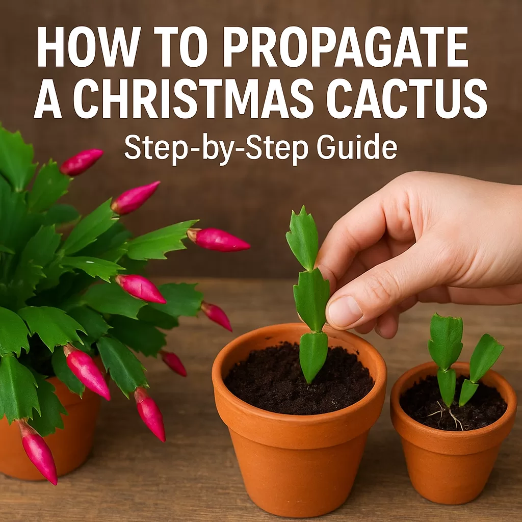 Step-by-step images showing how to propagate a Christmas cactus from cuttings in soil.