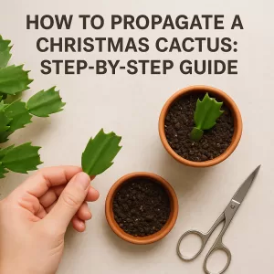 Hands planting a Christmas cactus cutting into a small pot as part of a step-by-step propagation guide.