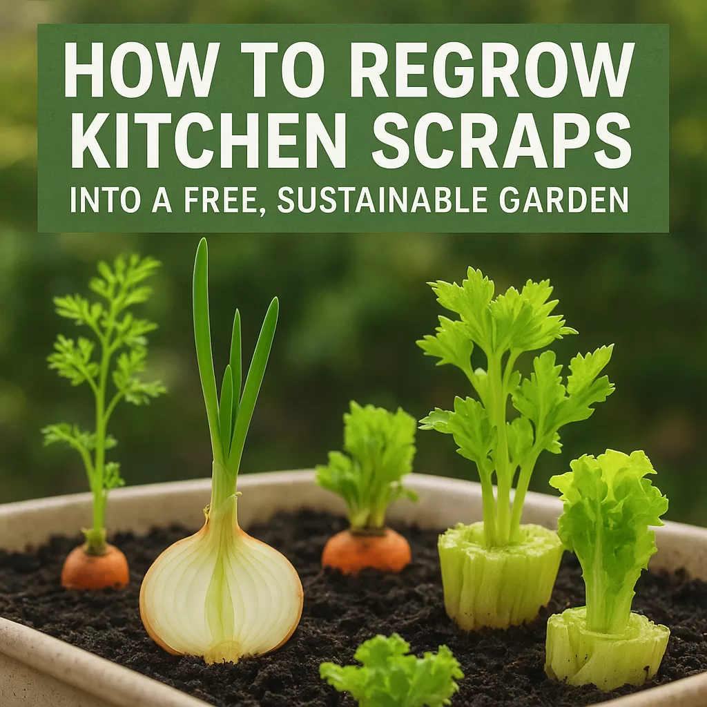 Hands holding green onion scraps sprouting roots and fresh green shoots in a small clear container.