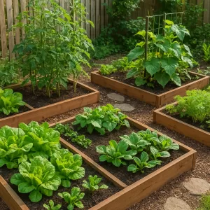 Raised garden beds in a small backyard filled with thriving green vegetables under natural sunlight.