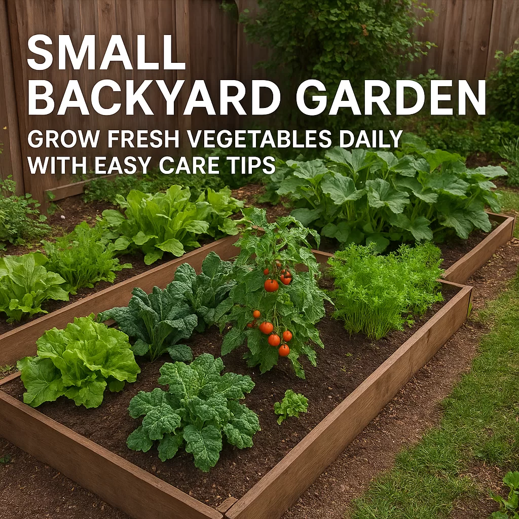 Small backyard garden with various fresh vegetables growing in neatly organized raised beds.
