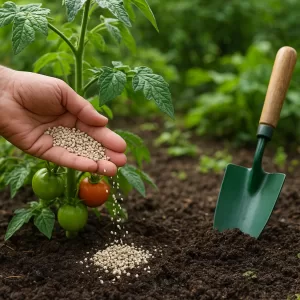Hand sprinkling worm castings fertilizer on soil near healthy tomato plants for better plant growth.