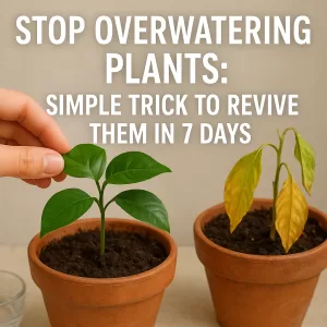 Yellowing plant leaves next to dry soil and a watering can, illustrating stopping overwatering to revive plants.