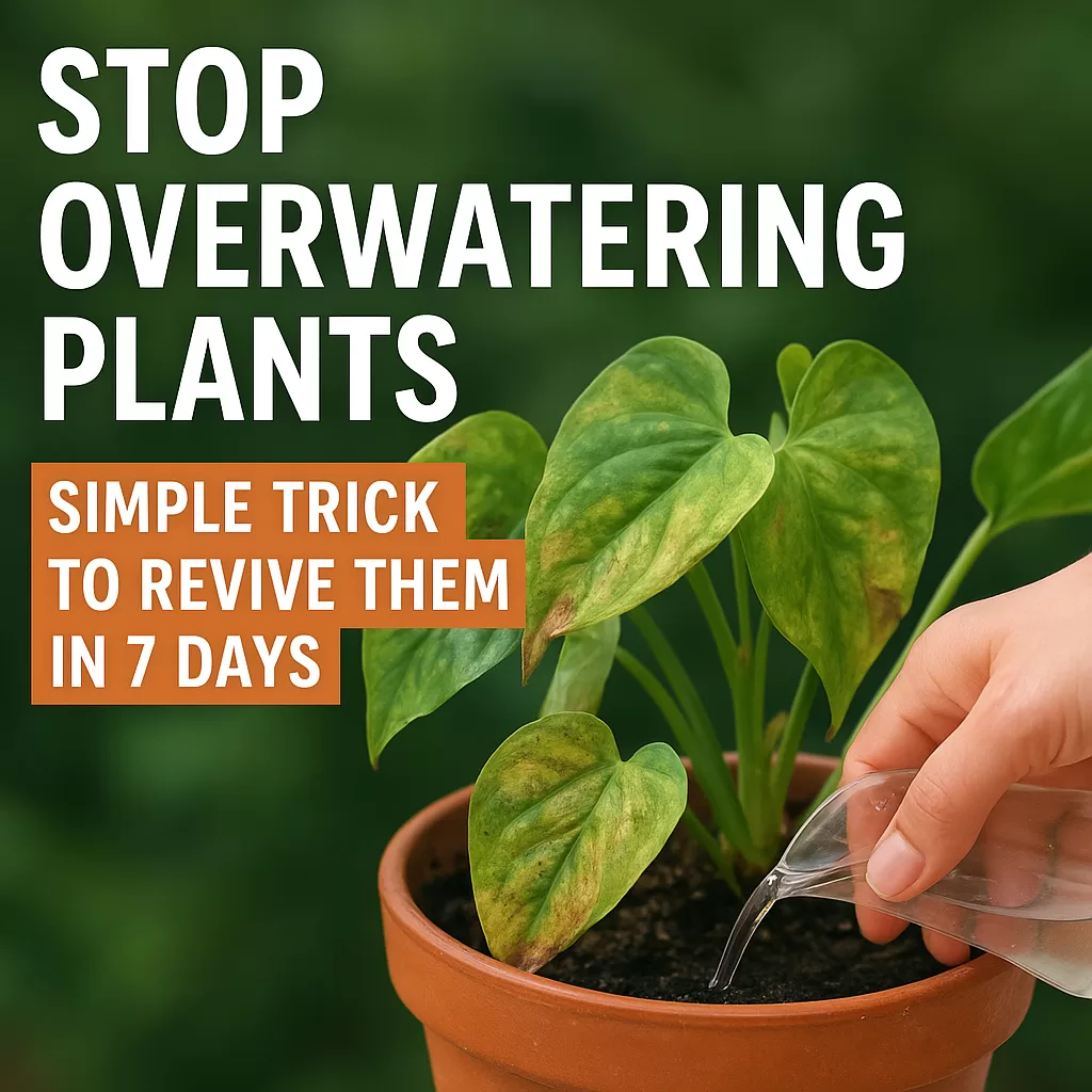 Wilted potted plant recovering as soil dries out, illustrating the trick to stop overwatering and revive plants in 7 days.