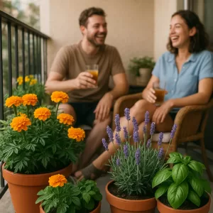Happy couple laughing on a sunny balcony surrounded by potted marigolds, lavender, and basil plants.