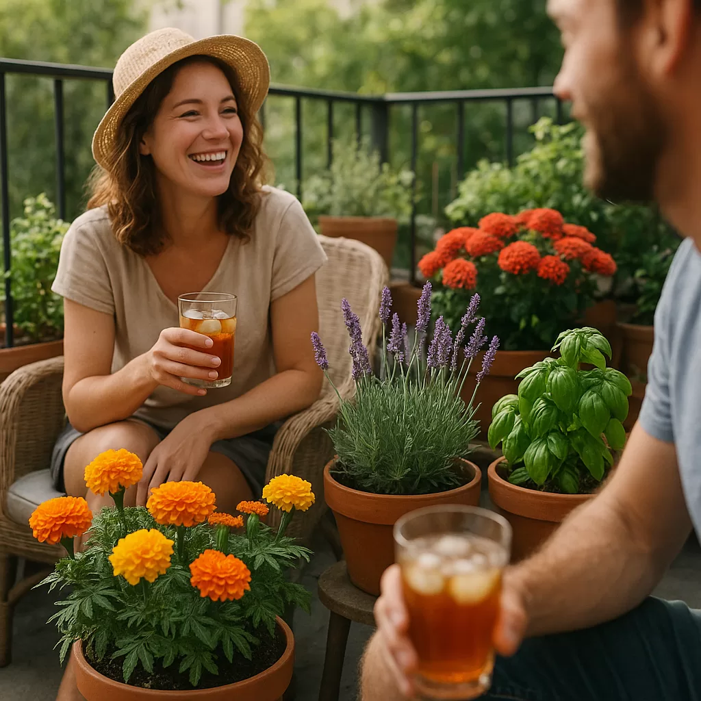 Couple relaxing on a sunny balcony surrounded by vibrant marigold, lavender, and basil pots, enjoying a mosquito-free summer.