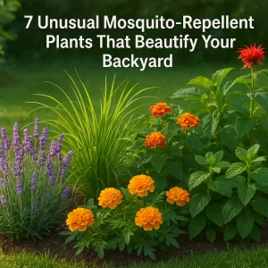 Colorful mosquito-repellent plants like lavender and marigold adding beauty and keeping mosquitoes away in a backyard garden.
